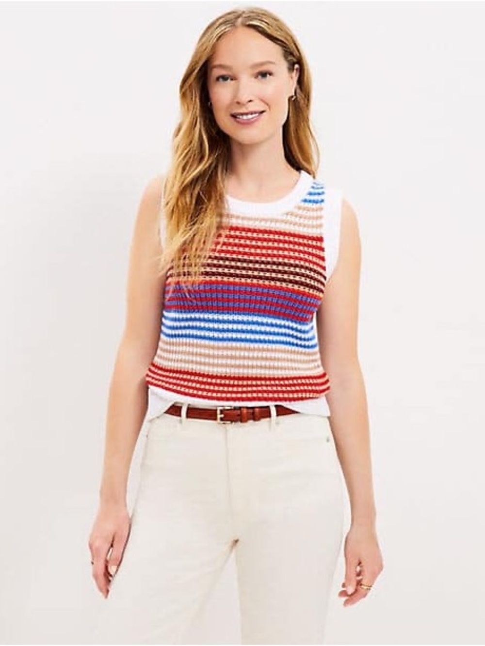 Loft Cotton Blend Red Blue Striped Knit Sleeveless Top Small